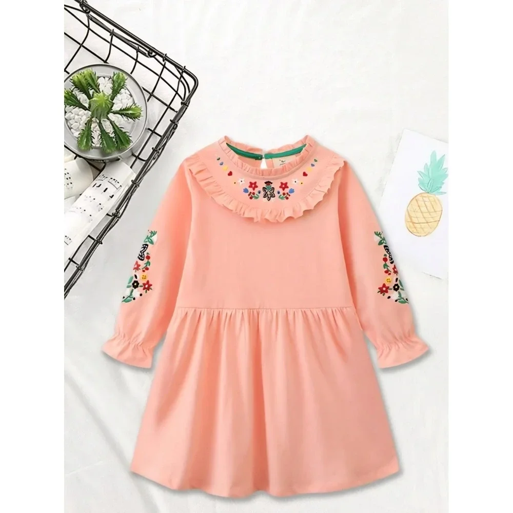 Girl's Long Sleeve Embroidered Dress PEACH Color SZ:‎ 5T NWT